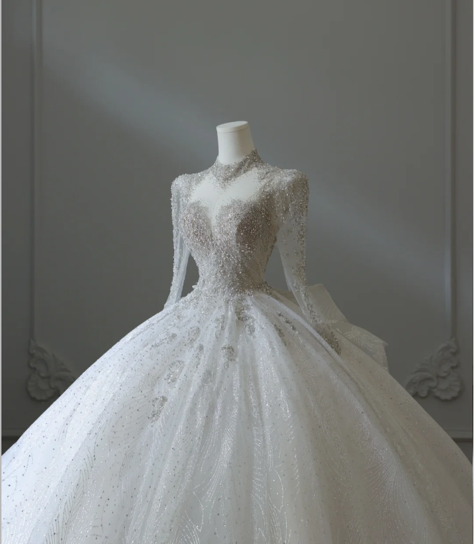 Sparkling Galaxy Long Sleeve A-Line Tulle Floor-Length Wedding Dress with Mock Neck P2579