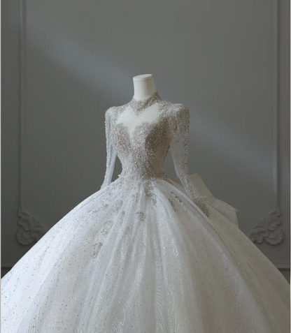 Sparkling Galaxy Long Sleeve A-Line Tulle Floor-Length Wedding Dress with Mock Neck P2579