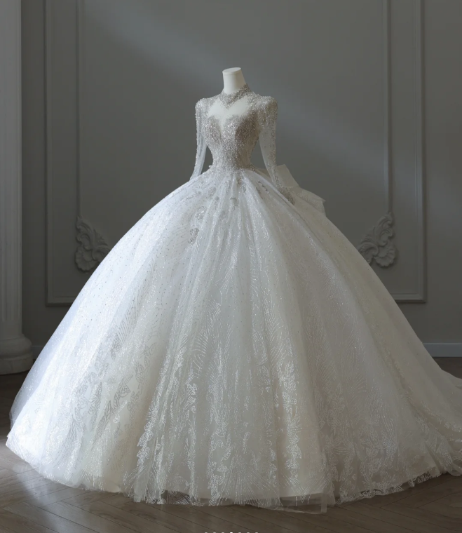 Sparkling Galaxy Long Sleeve A-Line Tulle Floor-Length Wedding Dress with Mock Neck P2579