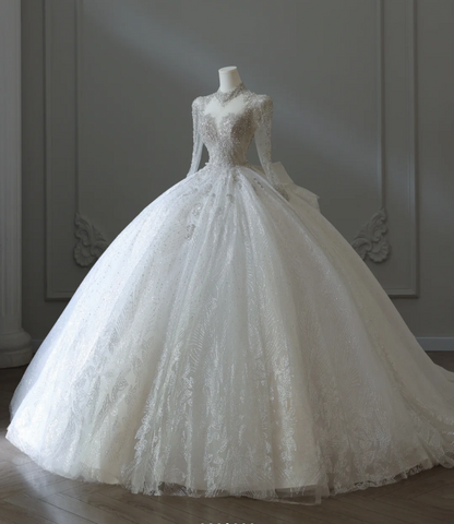 Sparkling Galaxy Long Sleeve A-Line Tulle Floor-Length Wedding Dress with Mock Neck P2579