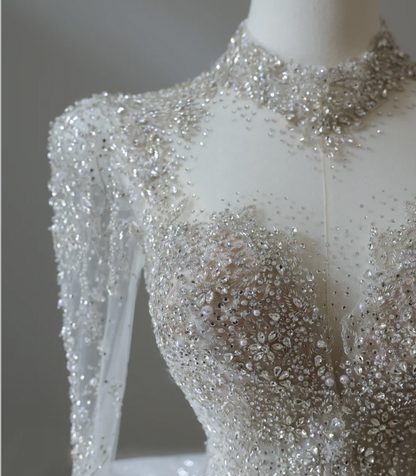 Sparkling Galaxy Long Sleeve A-Line Tulle Floor-Length Wedding Dress with Mock Neck P2579