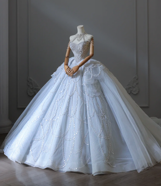 Blue fantasy off-shoulder sparkling beaded tulle A-line wedding dress P2580