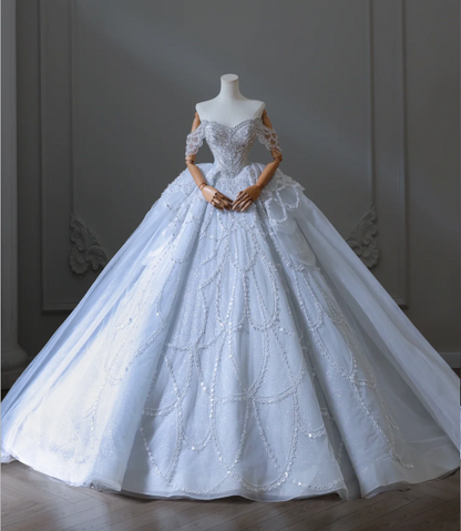 Blue fantasy off-shoulder sparkling beaded tulle A-line wedding dress P2580