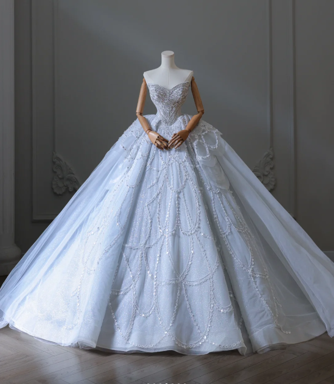 Blue fantasy off-shoulder sparkling beaded tulle A-line wedding dress P2580