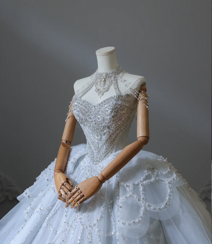 Blue fantasy off-shoulder sparkling beaded tulle A-line wedding dress P2580