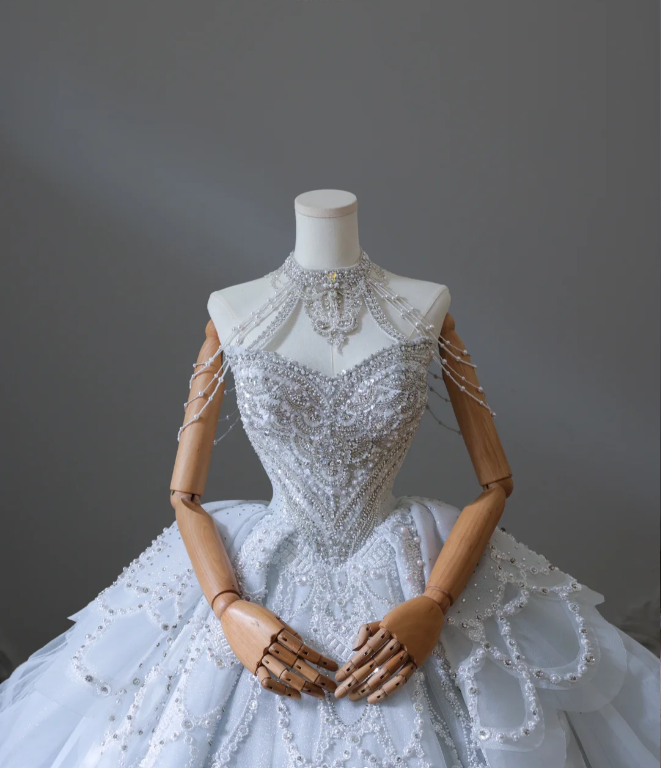 Blue fantasy off-shoulder sparkling beaded tulle A-line wedding dress P2580