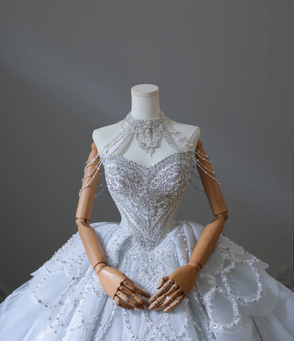 Blue fantasy off-shoulder sparkling beaded tulle A-line wedding dress P2580