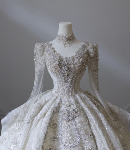 Luxurious beaded long-sleeved sparkling palace retro floor-length wedding dress P2581