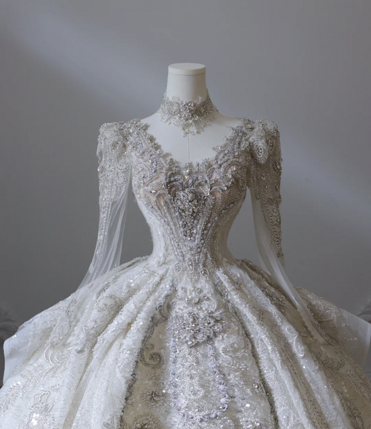 Luxurious beaded long-sleeved sparkling palace retro floor-length wedding dress P2581