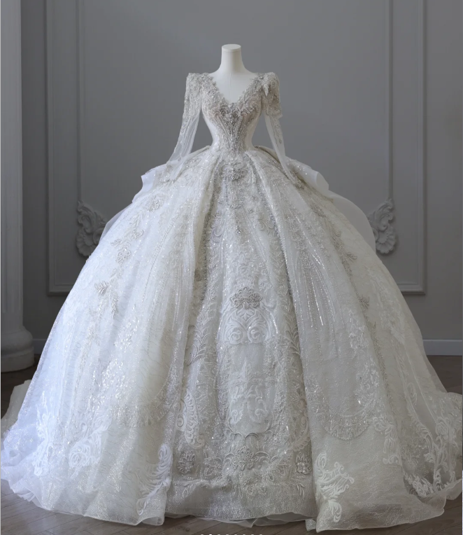 Luxurious beaded long-sleeved sparkling palace retro floor-length wedding dress P2581