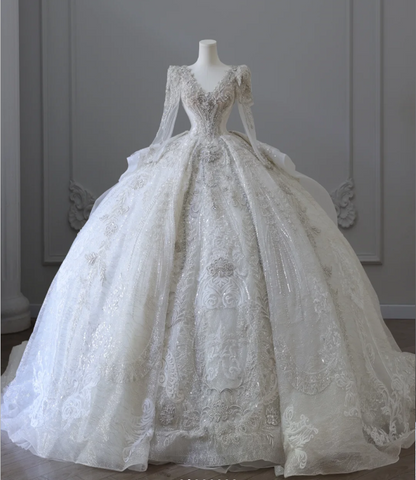 Luxurious beaded long-sleeved sparkling palace retro floor-length wedding dress P2581