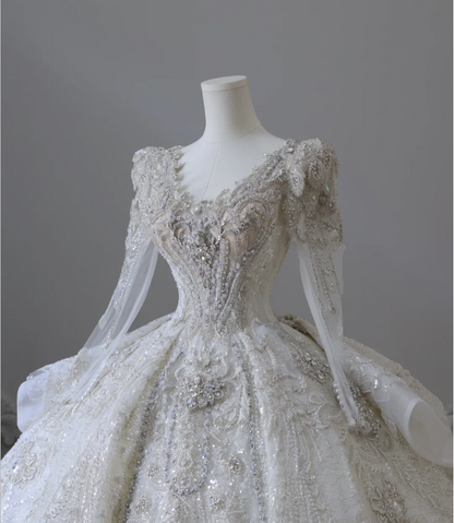 Luxurious beaded long-sleeved sparkling palace retro floor-length wedding dress P2581