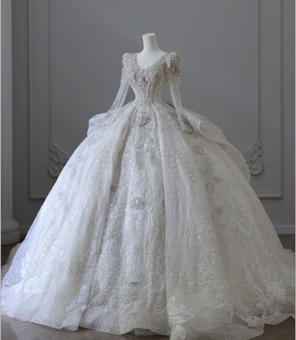 Luxurious beaded long-sleeved sparkling palace retro floor-length wedding dress P2581