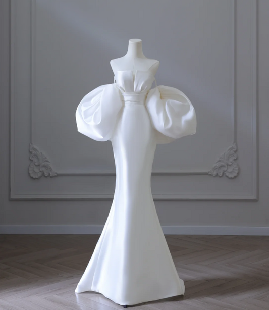Chic Puff Sleeve Satin Mermaid Simple Wedding Dress P2582