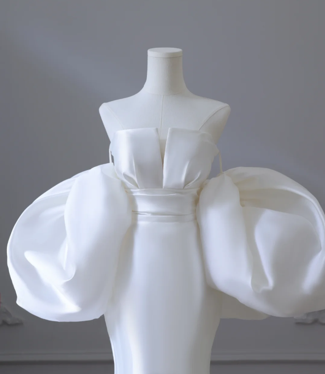 Chic Puff Sleeve Satin Mermaid Simple Wedding Dress P2582