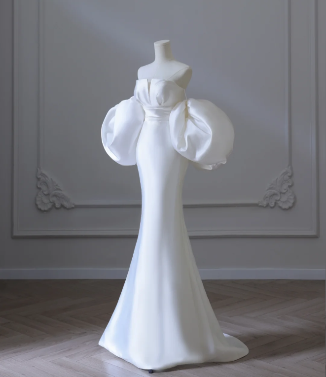 Chic Puff Sleeve Satin Mermaid Simple Wedding Dress P2582