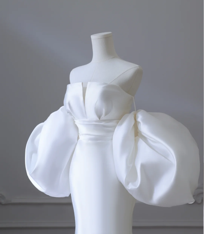 Chic Puff Sleeve Satin Mermaid Simple Wedding Dress P2582