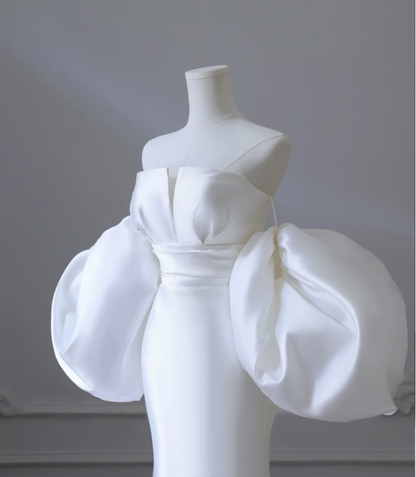 Chic Puff Sleeve Satin Mermaid Simple Wedding Dress P2582