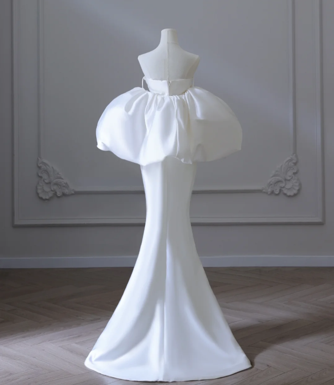 Chic Puff Sleeve Satin Mermaid Simple Wedding Dress P2582