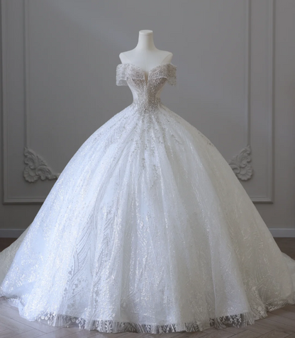 Shiny Rhinestone One-Shoulder A-Line Floor-Length Tulle Wedding Dress P2583