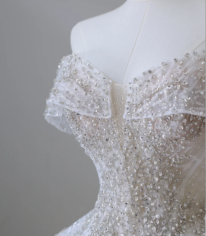 Shiny Rhinestone One-Shoulder A-Line Floor-Length Tulle Wedding Dress P2583