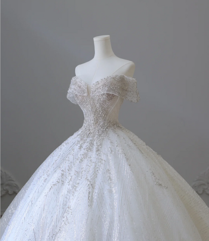 Shiny Rhinestone One-Shoulder A-Line Floor-Length Tulle Wedding Dress P2583