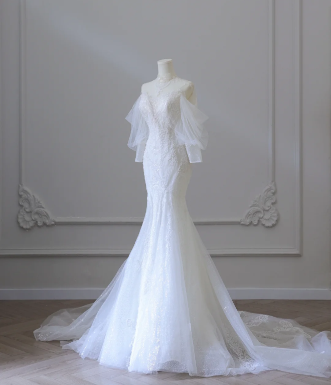 Elegant Mermaid Lace Beaded Tulle Wedding Dress P2584