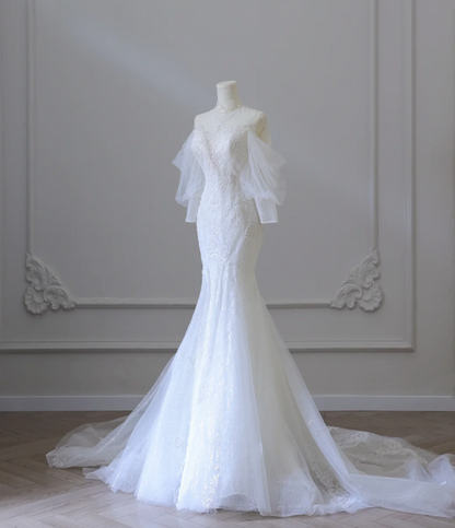 Elegant Mermaid Lace Beaded Tulle Wedding Dress P2584