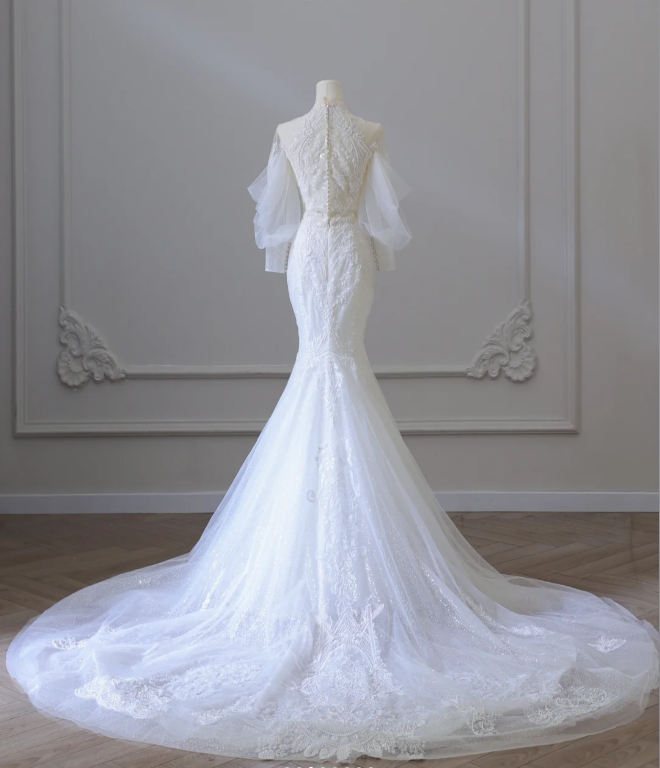 Elegant Mermaid Lace Beaded Tulle Wedding Dress P2584