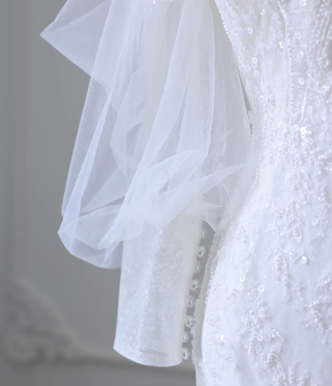 Elegant Mermaid Lace Beaded Tulle Wedding Dress P2584