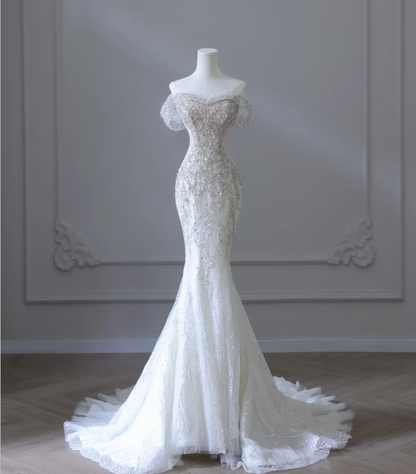 Gentle One Shoulder Shiny Beaded Mermaid Tulle Wedding Dress P2586