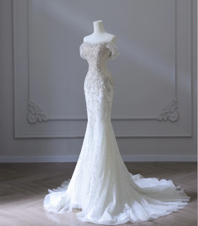 Gentle One Shoulder Shiny Beaded Mermaid Tulle Wedding Dress P2586