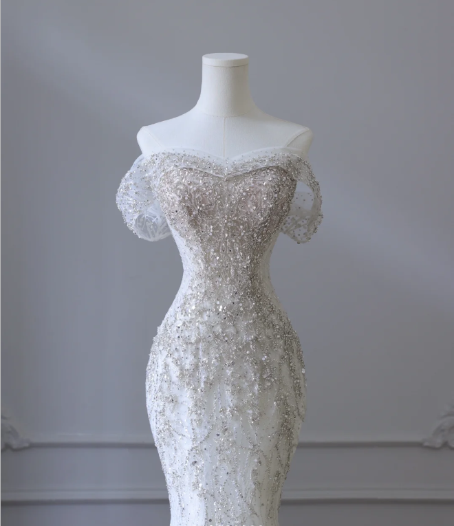 Gentle One Shoulder Shiny Beaded Mermaid Tulle Wedding Dress P2586