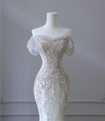 Gentle One Shoulder Shiny Beaded Mermaid Tulle Wedding Dress P2586