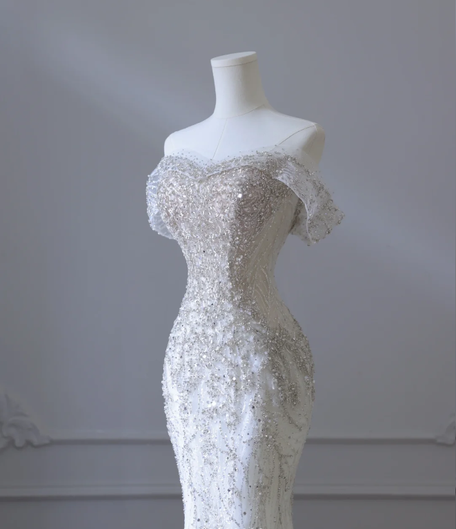 Gentle One Shoulder Shiny Beaded Mermaid Tulle Wedding Dress P2586