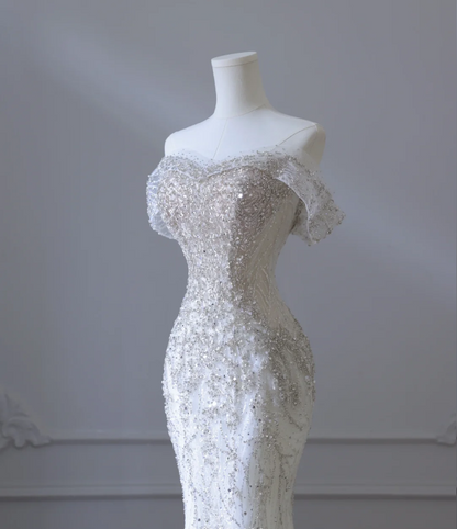 Gentle One Shoulder Shiny Beaded Mermaid Tulle Wedding Dress P2586