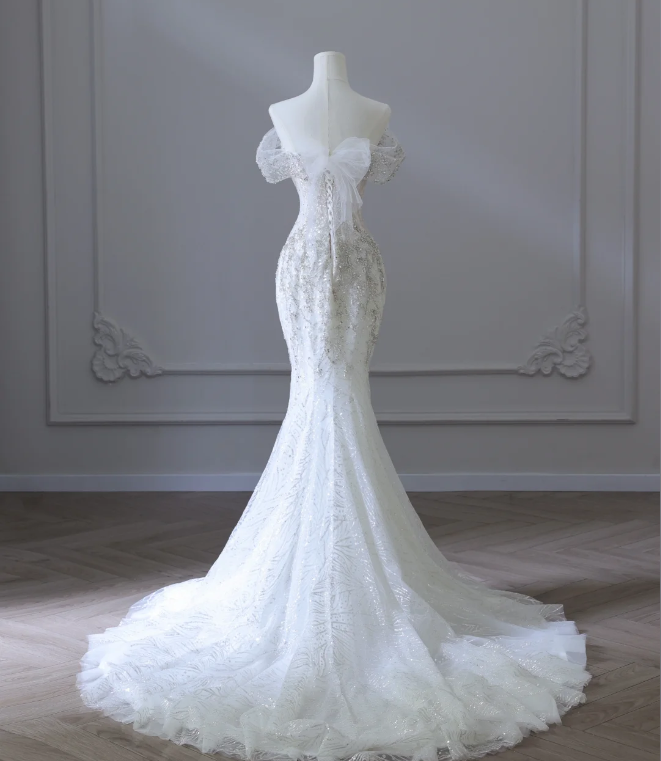 Gentle One Shoulder Shiny Beaded Mermaid Tulle Wedding Dress P2586