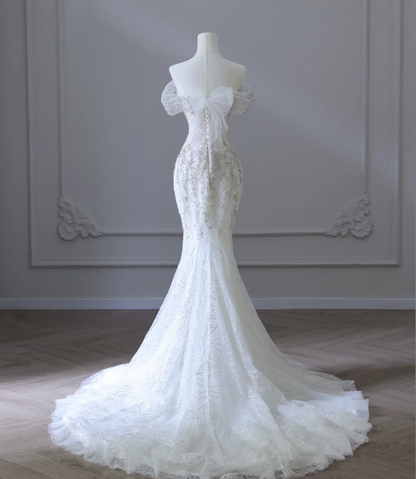 Gentle One Shoulder Shiny Beaded Mermaid Tulle Wedding Dress P2586