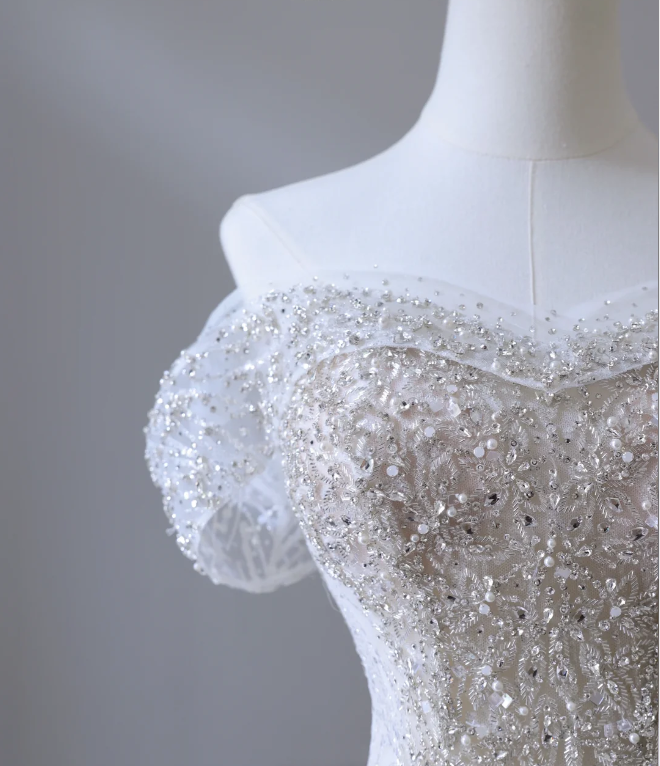 Gentle One Shoulder Shiny Beaded Mermaid Tulle Wedding Dress P2586