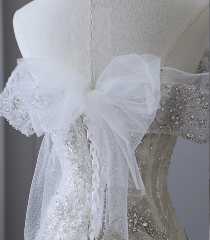 Gentle One Shoulder Shiny Beaded Mermaid Tulle Wedding Dress P2586