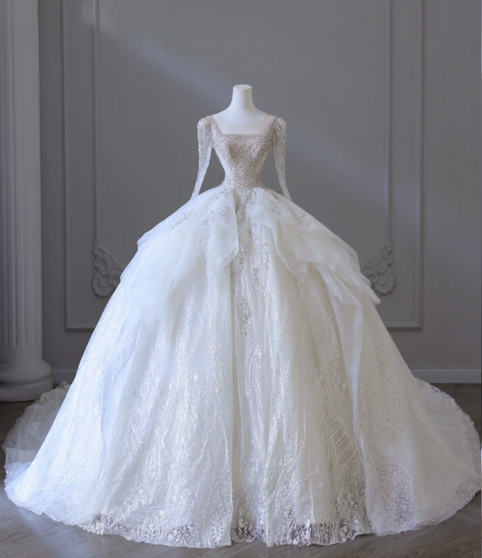 Elegant Glittering Square Neck Long Sleeve Tulle Floor Length Wedding Dress P2587