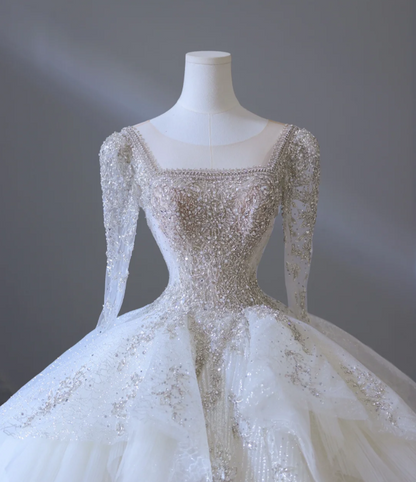 Elegant Glittering Square Neck Long Sleeve Tulle Floor Length Wedding Dress P2587