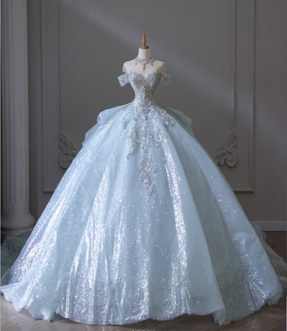 Dreamy Blue Off-the-shoulder Shiny Sequined Rhinestone Tulle Floor-length Wedding Dress P2588