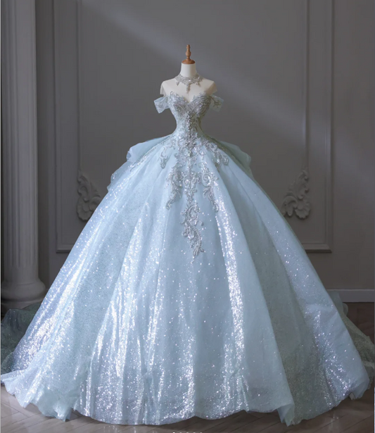 Dreamy Blue Off-the-shoulder Shiny Sequined Rhinestone Tulle Floor-length Wedding Dress P2588