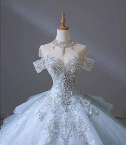Dreamy Blue Off-the-shoulder Shiny Sequined Rhinestone Tulle Floor-length Wedding Dress P2588