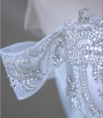 Dreamy Blue Off-the-shoulder Shiny Sequined Rhinestone Tulle Floor-length Wedding Dress P2588