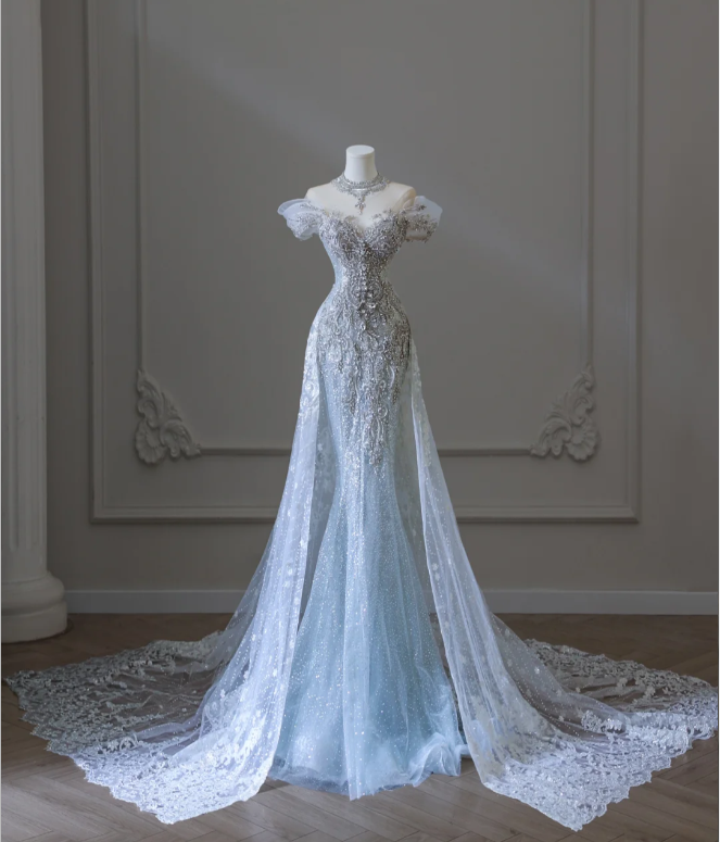 Shiny Blue Mermaid Rhinestone Lace Tulle Wedding Dress with Train P2589