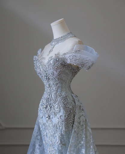 Shiny Blue Mermaid Rhinestone Lace Tulle Wedding Dress with Train P2589