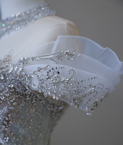 Shiny Blue Mermaid Rhinestone Lace Tulle Wedding Dress with Train P2589