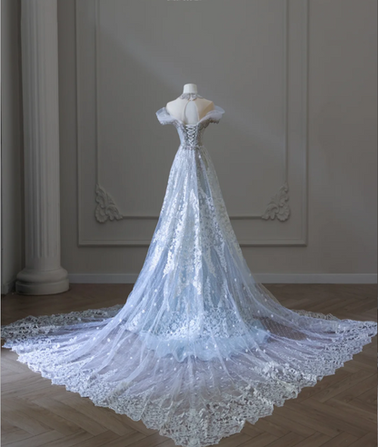 Shiny Blue Mermaid Rhinestone Lace Tulle Wedding Dress with Train P2589